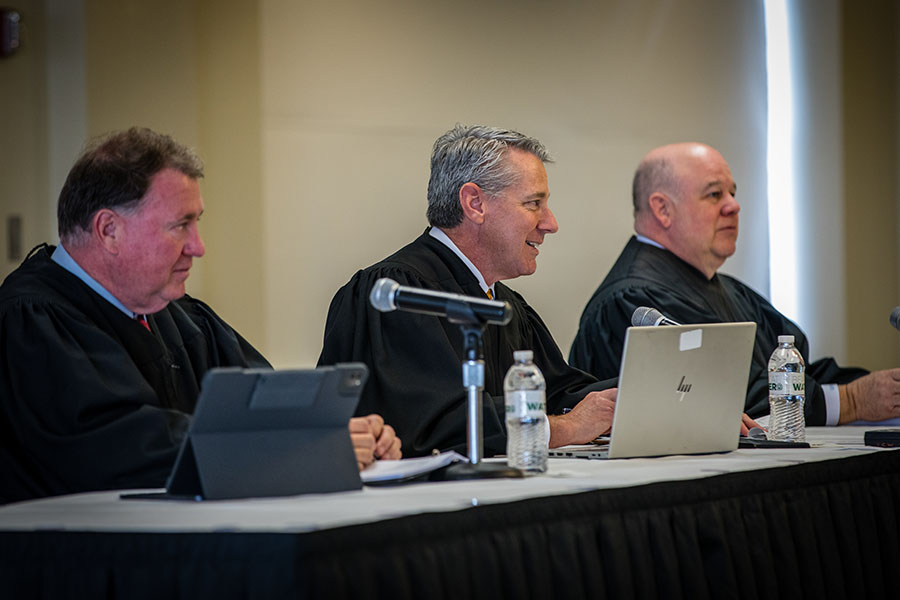 Pictured during their session at Northwest last year, three judges with the Missouri Court of Appeals, Western District, listened to oral arguments. The court will convene at Northwest again on April 11. (Photo by Lauren Adams/Northwest Missouri State University) 
