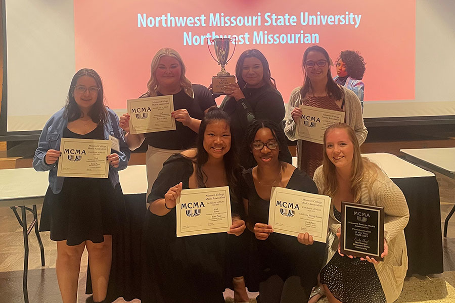 Student media members display the awards their received at the Missouri College Media Association and Missouri Broadcast Educators Convention. (Submitted photo)