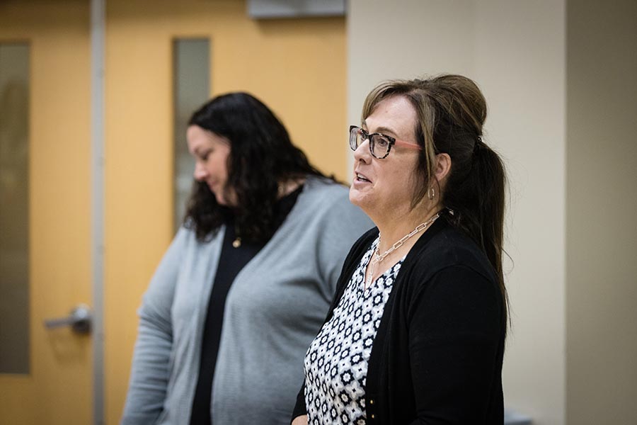 St. Joseph Youth Alliance Executive Director Robin Hammond (right) and Julie Wiedmer, the organization's early childhood educator, announced their evaluations of the presentations Knacktive teams delivered for them Friday. (Photos by Lauren Adams/Northwest Missouri State University)