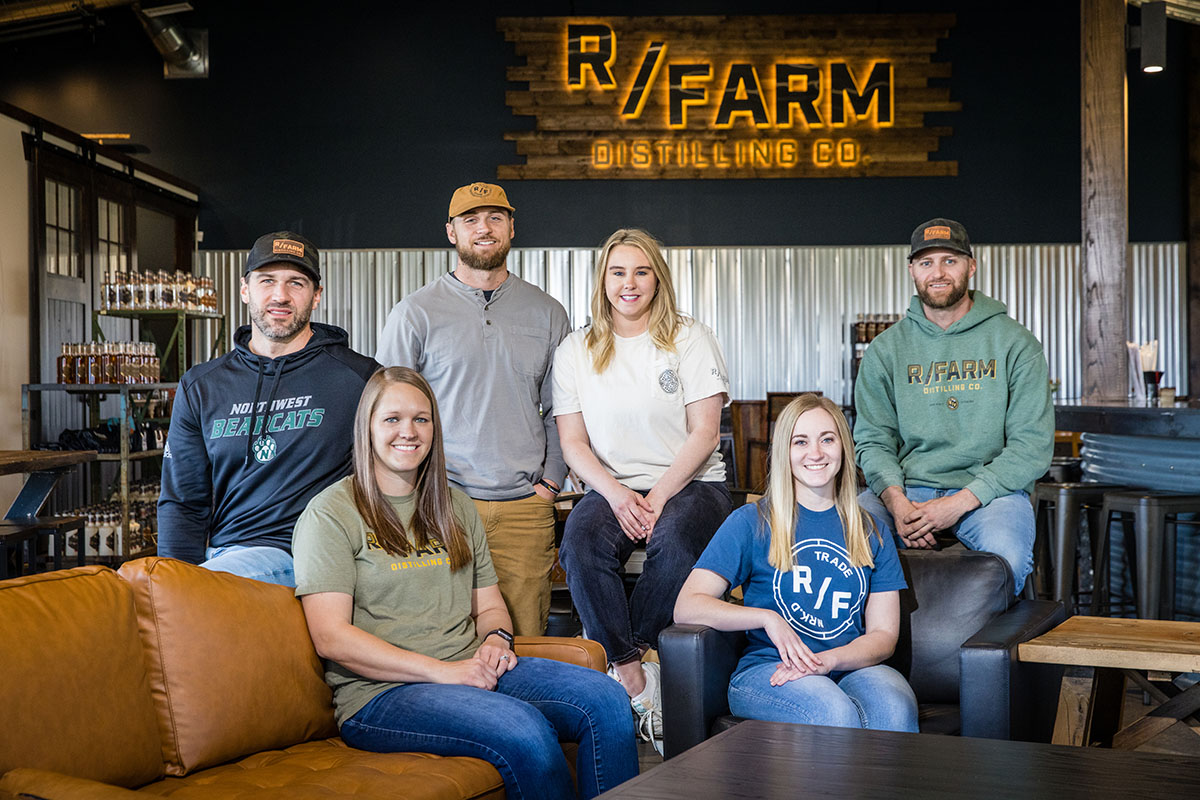 Members of the Rosier family involved in the development of R/Farm Distillery are, left to right Dylan Rosier, Lauren Haer Rosier, Gage Rosier, Ashley McGinnis Rosier, Holly Howard Rosier and Cole Rosier. (Photo by Todd Weddle/Northwest Missouri State University)