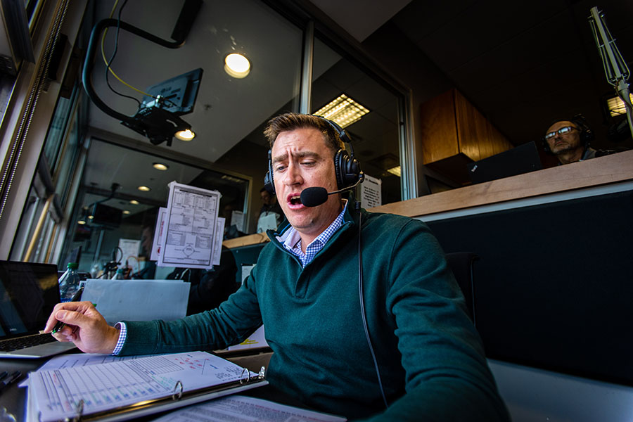 Tommy Thrall is broadcasting in the big leagues with the Cincinnati Reds.