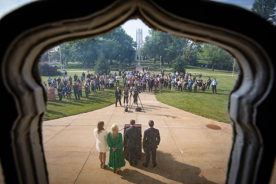 The Northwest community gathered Thursday morning in front of the Administration Building to welcome the Tatum family to Northwest. (Photo by Lauren Adams/Northwest Missouri State University)