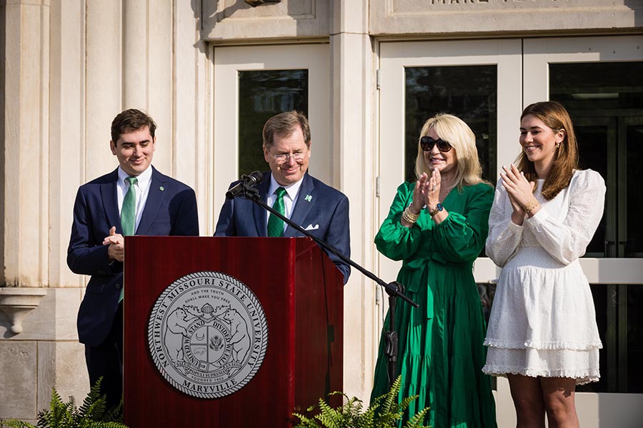 Dr. Lance Tatum introduced his family - son Thad, wife Jill and daughter Zoe - to the Northwest community after arriving for his first day of work at Northwest. (Photo by Lauren Adams/Northwest Missouri State University)