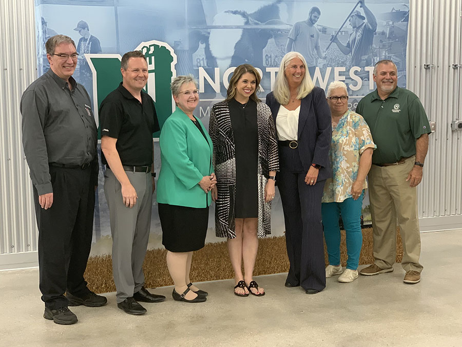 Left to right are Tim Melvin, human resources manager at Kawasaki Motors Manufacturing Corporation; Shad Burner, director of federal initiatives with the Missouri Dept. of Economic Development; Lisa Marshall, project manager with the Missouri Dept. of Economic Development; Michelle Hataway, acting director of the Missouri Dept. of Economic Development; Dr. Jamie Hooyman, provost at Northwest; Deborah Roach, a member of the Northwest Board of Regents; and Dr. Rod Barr, director of Northwest's School of Agricultural Sciences. (Northwest Missouri State University photos)