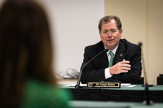 Northwest President Dr. Lance Tatum reflected at Thursday's Board of Regents meeting on his first two months at the University and discussed goals for the upcoming academic year. (Photo by Lauren Adams/Northwest Missouri State University)