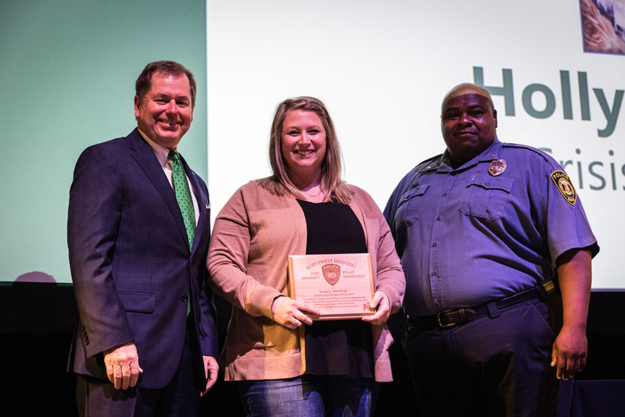 Left to right are University President Dr. Lance Tatum, Holly McMillen and University Police Chief Dr. Clarence Green