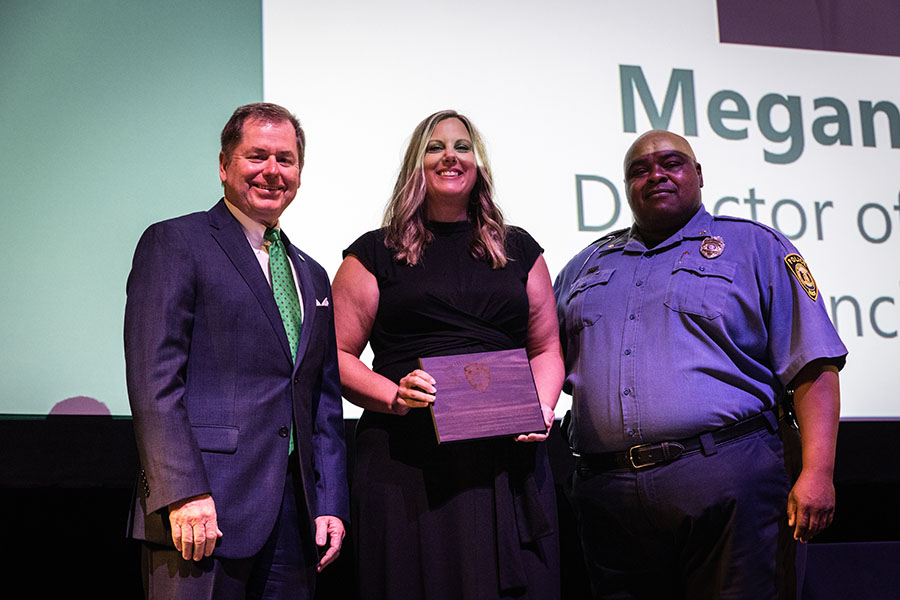 Left to right are University President Dr. Lance Tatum, Megan Jennings and University Police Chief Dr. Clarence Green