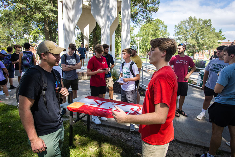 Members of the Phi Sigma Kappa fraternity discussed their chapter with students during recruitment events this fall. (Photo by Lauren Adams/Northwest Missouri State University)