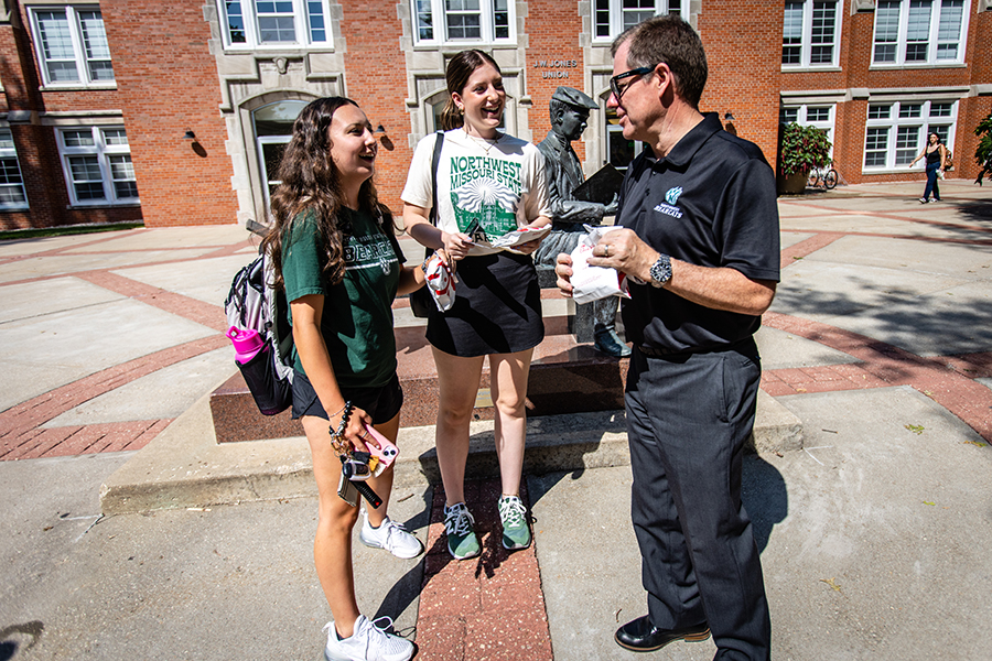 Northwest President Dr. Lance Tatum greeted students on the first day of the fall semester in August. (Photo by Todd Weddle/Northwest Missouri State University)