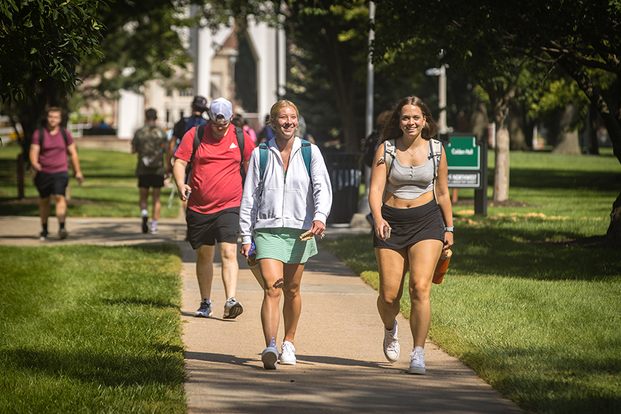 Northwest students cross the main campus in Maryville during the first day of fall classes in August. (Photo by Lauren Adams/Northwest Missouri State University)