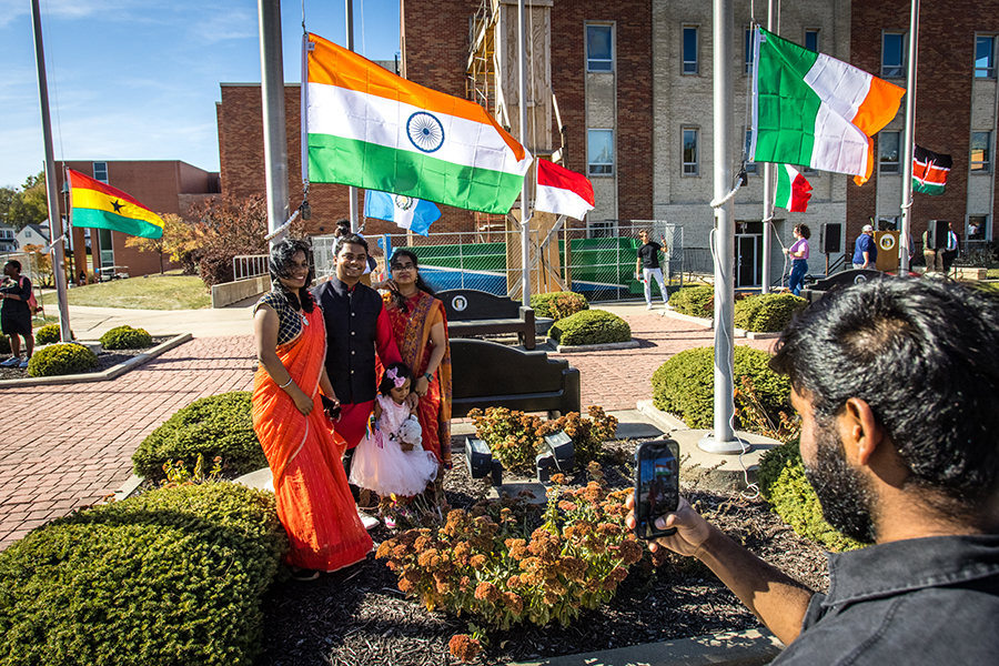 Walkout Day activities include the annual International Flag-Raising Ceremony at the Joyce and Harvey White International Flag Plaza. (Photo by Lauren Adams/Northwest Missouri State University)