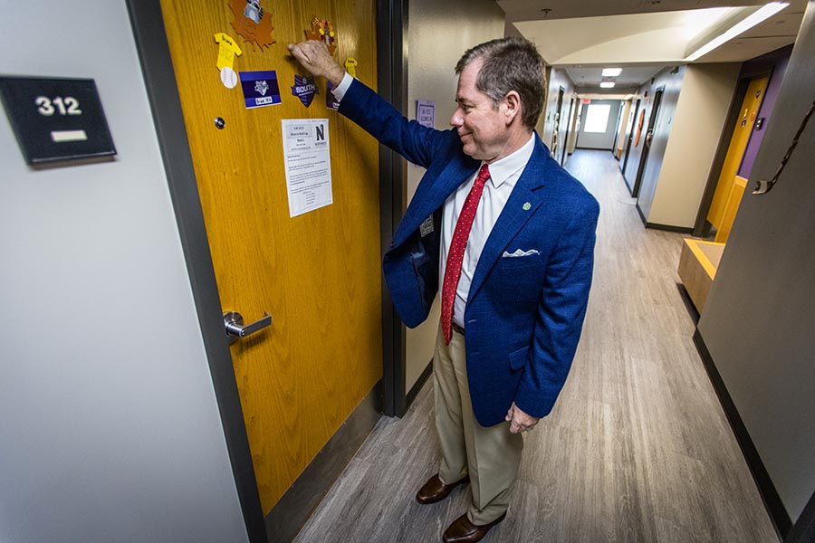 On Thursday afternoon Northwest President Dr. Tatum knocked on the door of a South Complex room occupied by McKenna Black and Briana Crites. (Photos by Todd Weddle/Northwest Missouri State University) 