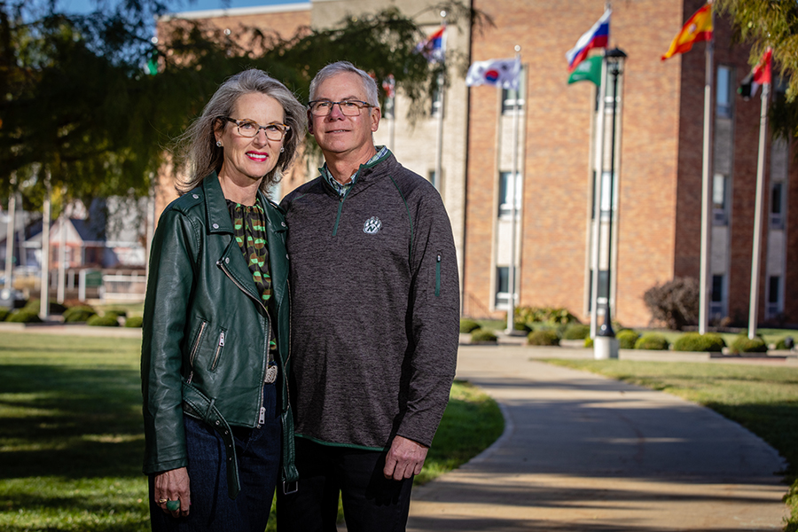 Leisha and Ken Barry with Martindale Hall behind them. (Photo by Todd Weddle/Northwest Missouri State University)