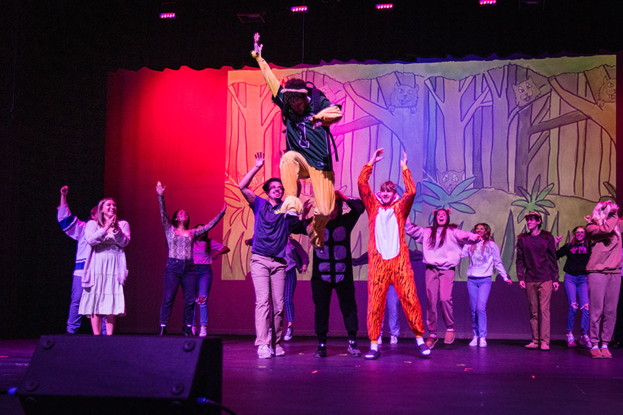 Northwest students entertained an audience during the annual Homecoming Variety Show at the Ron Houston Center for the Performing Arts. Phi Mu, Sigma Tau Gamma and Alpha Kappa Lambda took first place for their skit, titled "Bobby Gon' Wild." (Photo by Lauren Adams/Northwest Missouri State University)