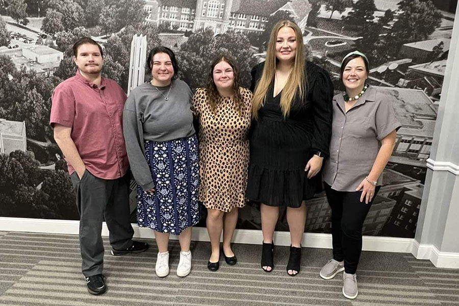 Pictured left to right and representing Psi Chi are Dr. Jason McCain, co-advisor; Mackenzie Wilcoxson, president; Hannah Nielson, treasurer; Quinn Weakley, vice president; and Dr. Keely Cline, co-advisor. Jaded Goedeke, the organization’s secretary and social media coordinator, is not pictured. (Submitted photo) 