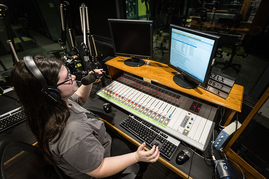 Northwest students gain profession-based experience in radio broadcasting by working with the student-managed KZLX as well as National Public Radio-affiliate KXCV. (Photo by Lauren Adams/Northwest Missouri State University)