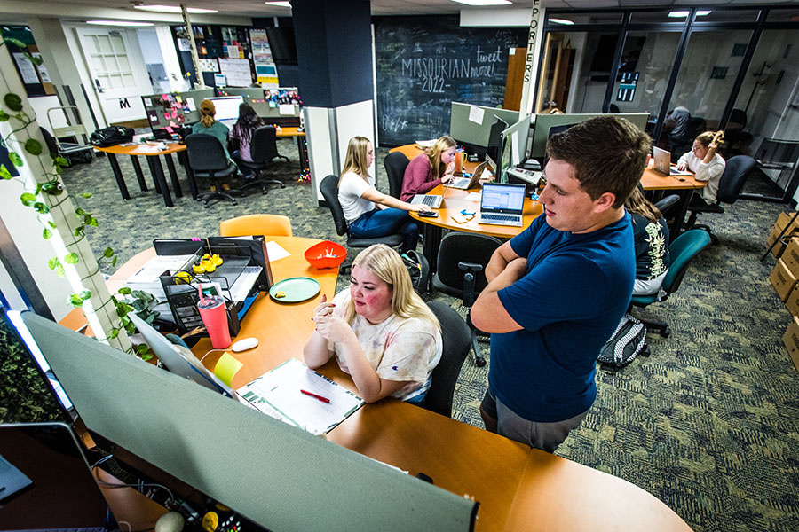 The Northwest Missourian student newspaper and Tower yearbook occupy a newsroom in the lower level of Wells Hall. (Photo by Lauren Adams/Northwest Missouri State University)