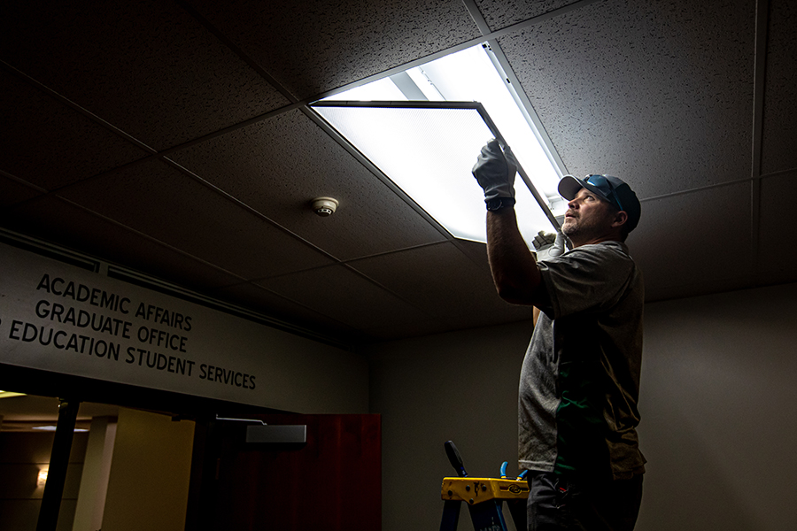 Northwest has achieved efficiencies and energy savings by completing lighting improvements throughout its campus. (Photo by Chandu Ravi Krishna/Northwest Missouri State University)