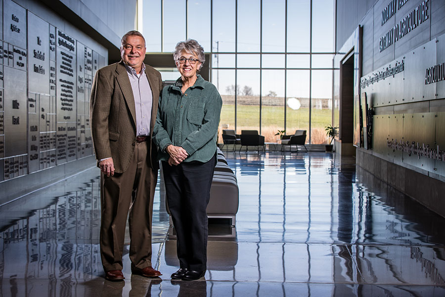 Rex and Vicki Brod are pictured in the atrium of the Agricultural Learning Center. 