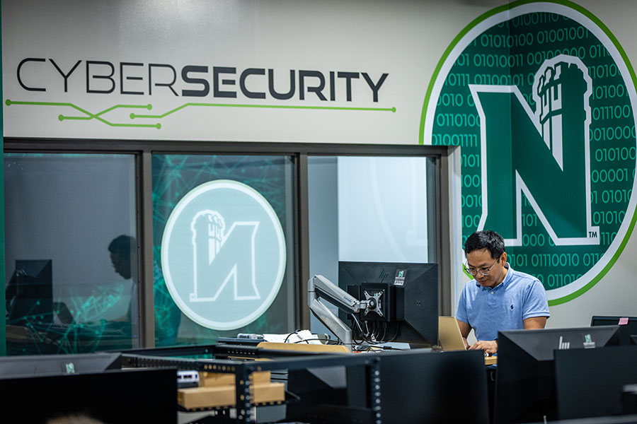 Dr. Jerry Qi, an associate professor of computer science and information systems, teaches a digital forensics course in Northwest's remodeled cybersecurity lab. (Photo by Todd Weddle/Northwest Missouri State University)