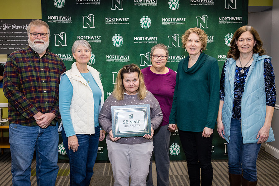 Pictured left to right are Patrick Immel, professor of theatre, Department of Fine and Performing Arts; Terry Immel, office manager, School of Computer Science and Information Systems; Dr. Darla Runyon, director of Northwest Online and the Learning and Teaching Center; Dr. Lauren Leach-Steffens, associate professor of psychology, School of Health Science and Wellness; Dr. Joni Adkins, professor of computer science and information systems and director, School of Computer Science and Information Systems; Dixie Piel, associate registrar, Office of the Registrar.