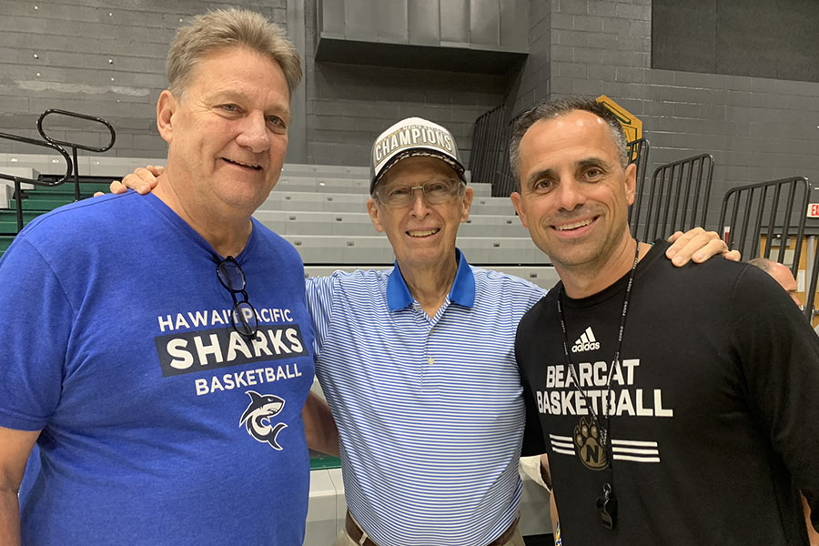 A recent gathering of Bearcat men's basketball players brought together the last three Bearcat men’s basketball head coaches. Left to right, Steve Tappmeyer coached the team from 1988 to 2009, Lionel Sinn coached the team from 1979 to 1988, and Ben McCollum has led the team since 2009. They also are the three winningest coaches in program history. (Photo by Mark Hornickel/Northwest Missouri State University)