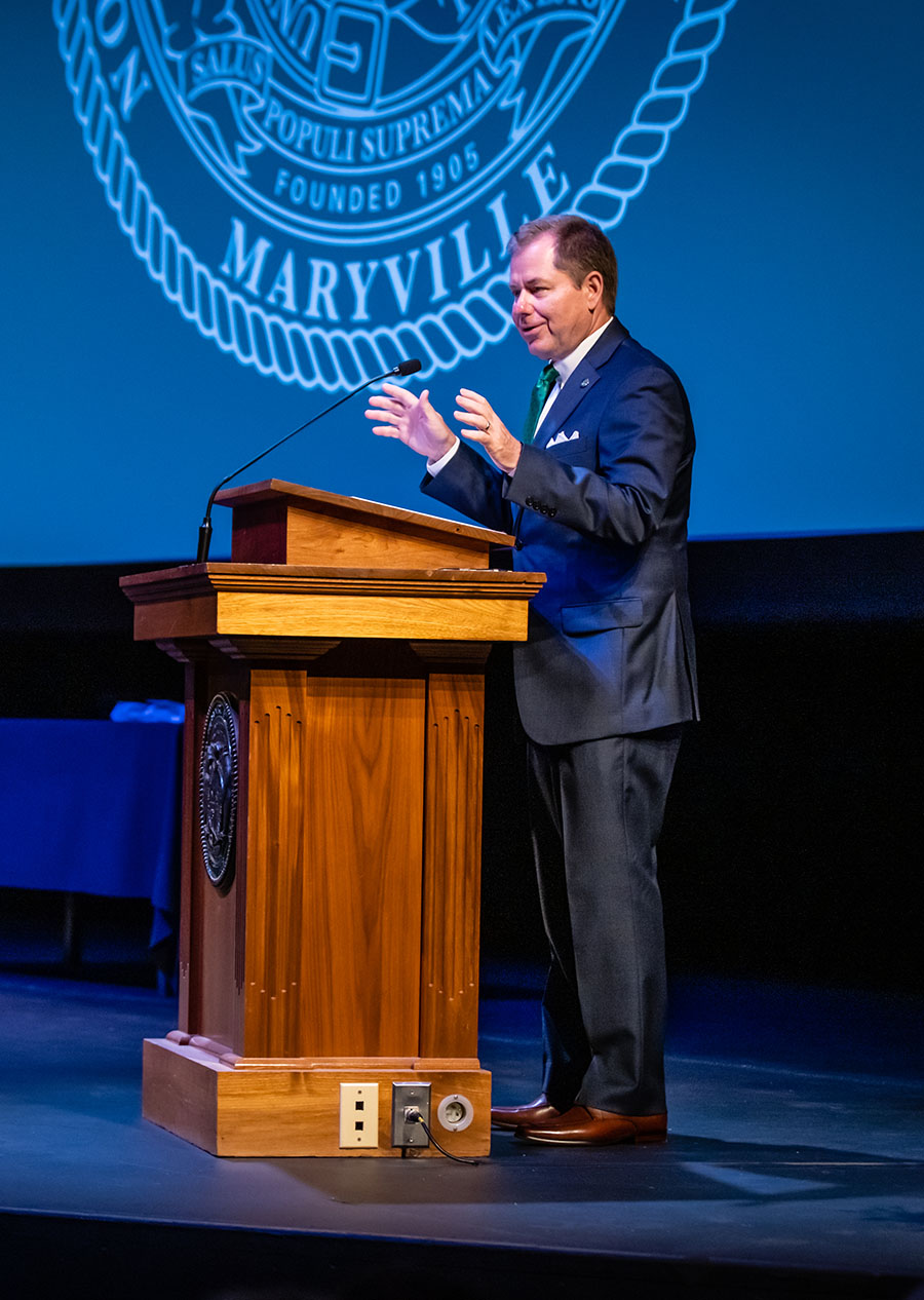 President Tatum addressed Northwest faculty and staff during the University’s All-Employee Meeting to launch the fall semester in August. “I have learned much about Northwest, Maryville, the region and the state, but I also know there is much left for me to learn,” Tatum told the gathering. “As a lifelong educator, I know one’s education never ends, and my commitment to you is that I will continue to work daily to make Northwest a place that you, our students and alumni, and our citizens of Maryville, can be proud of.” (Photo by Todd Weddle/Northwest Missouri State University)