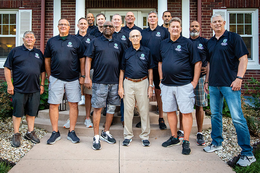 Attending a reunion in August of Bearcat basketball players and coaches of the 1980s were, left to right in the front row, Mike Coleman, Tom Bildner, Nello West, coach Lionel Sinn, coach Steve Tappmeyer and Joe Jorgensen. In the middle row are Jon Erwin, Brian Stewart, Mark Yager, Dave Honz and Vic Coleman ’85. In the back row are Tony White, Tod Gordon and Bob Sundell. (Photo by Chandu Ravi Krishna/Northwest Missouri State University)