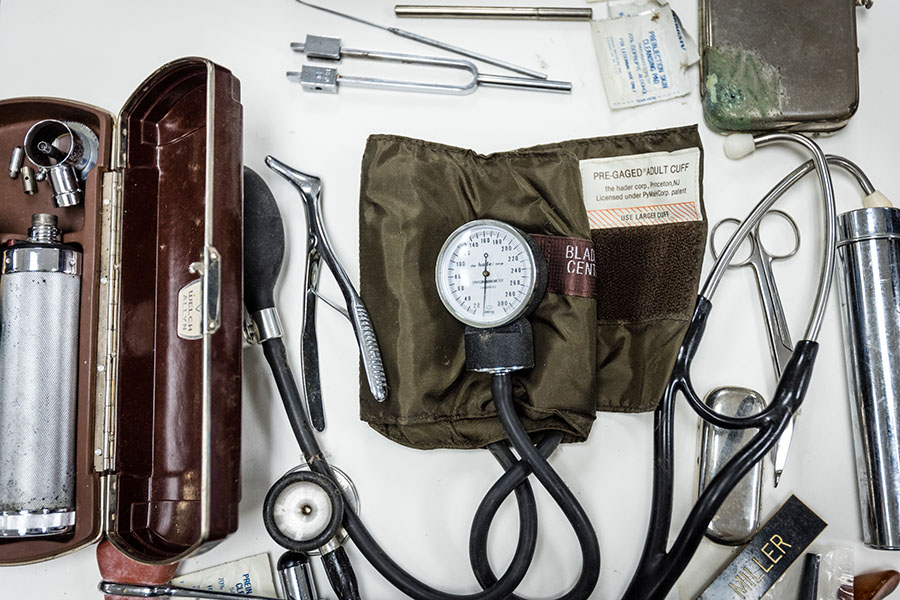 Some of Ray Miller’s medical equipment donated to Northwest includes his physician’s bag with a stethoscope and blood pressure cuff, along with a microscope, field surgery kits and his surgical glasses.