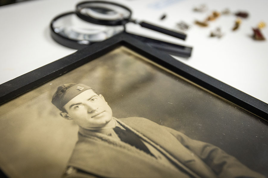 A framed portrait of Ray Miller, who went on to an illustrious military career after joining the 128th Field Artillery of the Missouri National Guard