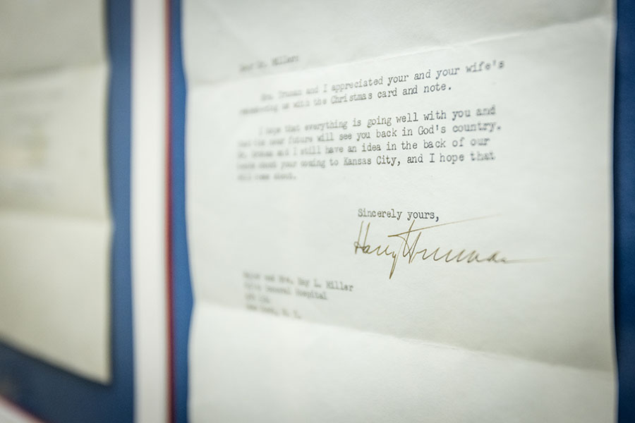 A letter Harry Truman wrote after his presidency to the Miller family, thanking them for a Christmas card. (Photos by Lauren Adams/Northwest Missouri State University) 