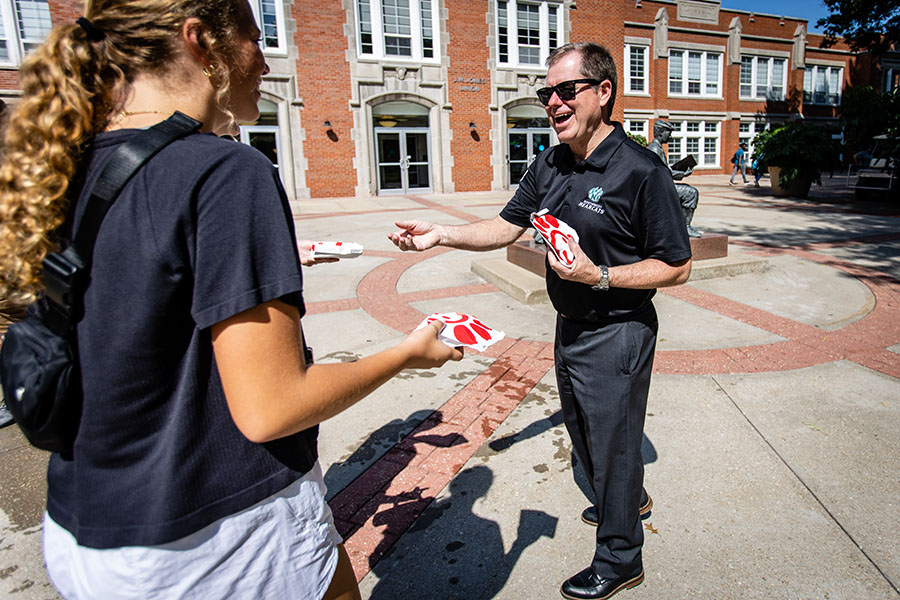 President Tatum handed out Chick-fil-A sandwiches to students during the first day of classes on the Northwest campus in August. (Photo by Lauren Adams/Northwest Missouri State University)