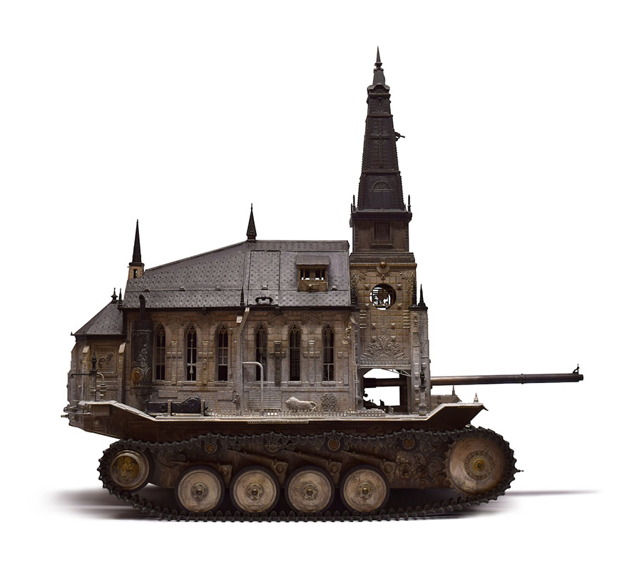 Kris Kuksi's art distorts classical and religious imagery into sculpture.