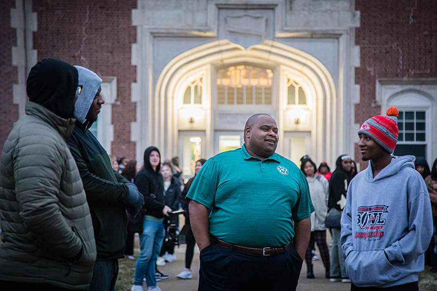 Dr. Clarence Green, center, is pictured interacting with Northwest students last year. (Photo by Chandu Ravi Krishna/Northwest Missouri State University)