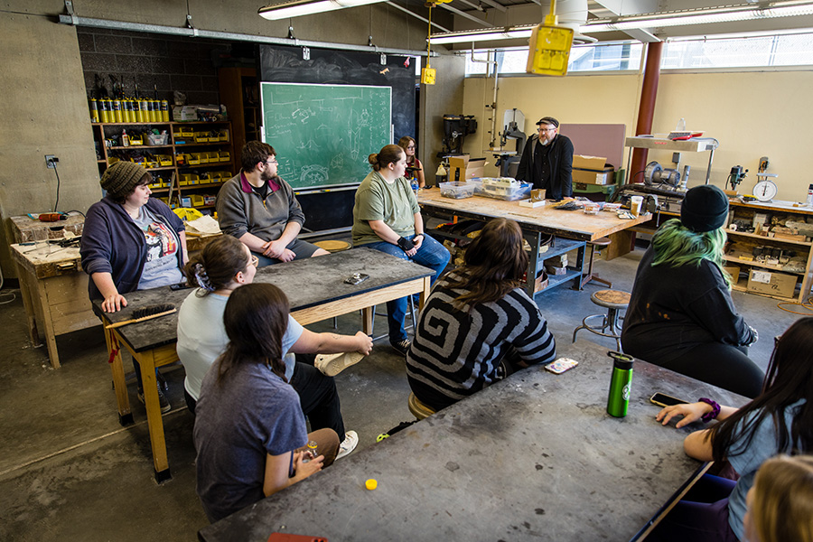 Visiting artist Kris Kuksi discussed his sculpture-making process with Northwest students during a Jan. 29 workshop in the Fire Arts Building. (Photos by Lauren Adams/Northwest Missouri State University)