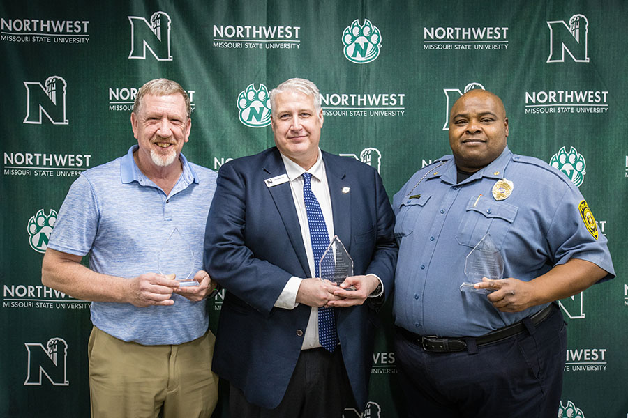 Faculty Senate presented Meritorious Awards to, left to right, Mike Grudzinski, Dr. Greg Haddock and Dr. Clarence Green.