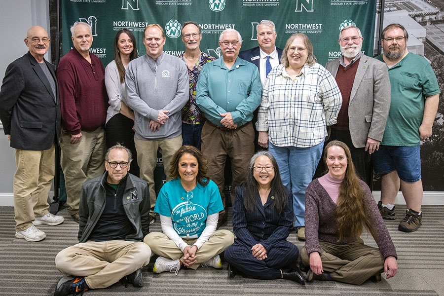 Past Faculty Senate presidents attending the organization's 50th anniversary celebration included, left to right in the front, Dr. John Gallaher, Dr. Kristi Alexander, Dr. Chi Lo Lim and Dr. Jenny Rytting. Pictured left to right in the back row are Dr. Joel Benson, Dr. Brian Haile, current president Dr. Rhonda Beemer, Dr. Terry Long, Dr. Michael Hobbs, Dr. Michael Wilson, Dr. Greg Haddock, Dr. Sue Myllykangas, Dr. Theo Ross and Dr. Peter Adam. (Photos by Lauren Adams/Northwest Missouri State University)