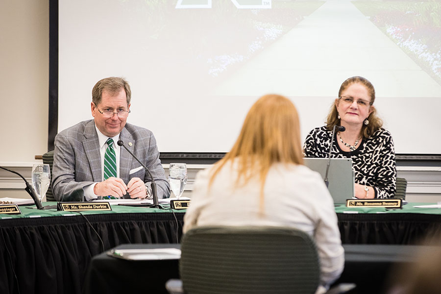 Northwest President Dr. Lance Tatum (left) and Board Chair Roxanna Swaney hear a presentation during Thursday's Board of Regents session. (Photo by Lauren Adams/Northwest Missouri State University)