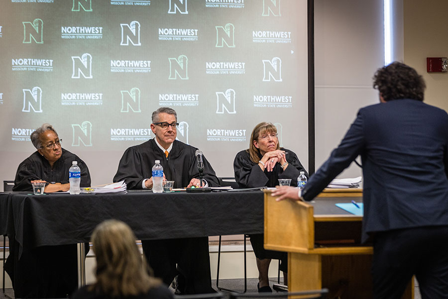 Pictured during their session at Northwest last year, three judges with the Missouri Court of Appeals, Western District, listened to oral arguments. The court will convene at Northwest again on April 9. (Photo by Lauren Adams/Northwest Missouri State University) 