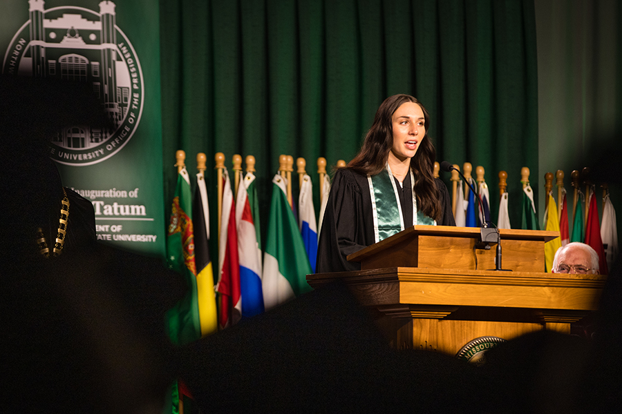 Student Senate President and Student Regent Elizabeth Motazedi delivered greetings to Northwest President Dr. Lance Tatum. (Photo by Lauren Adams/Northwest Missouri State University)