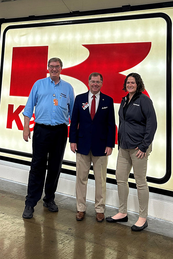 Pictured left to right are Tim Melvin, manager of human resources at Kawasaki; Northwest President Dr. Lance Tatum and Brittney Langston, assistant manager of human resources at Kawasaki, as Tatum toured the Maryville manufacturing facility this spring. (Submitted photo)