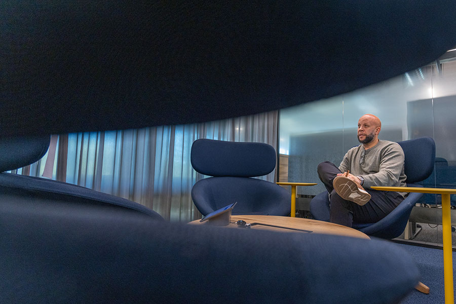 Bilal Clarance in his “huddle room” at Google’s campus in Sunnyvale, California.
