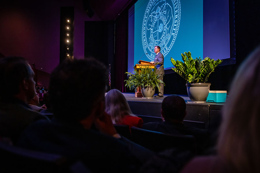 Northwest President Dr. Lance Tatum delivers his address to University employees during the annual All-Employee Meeting. (Photo by Todd Weddle/Northwest Missouri State University)