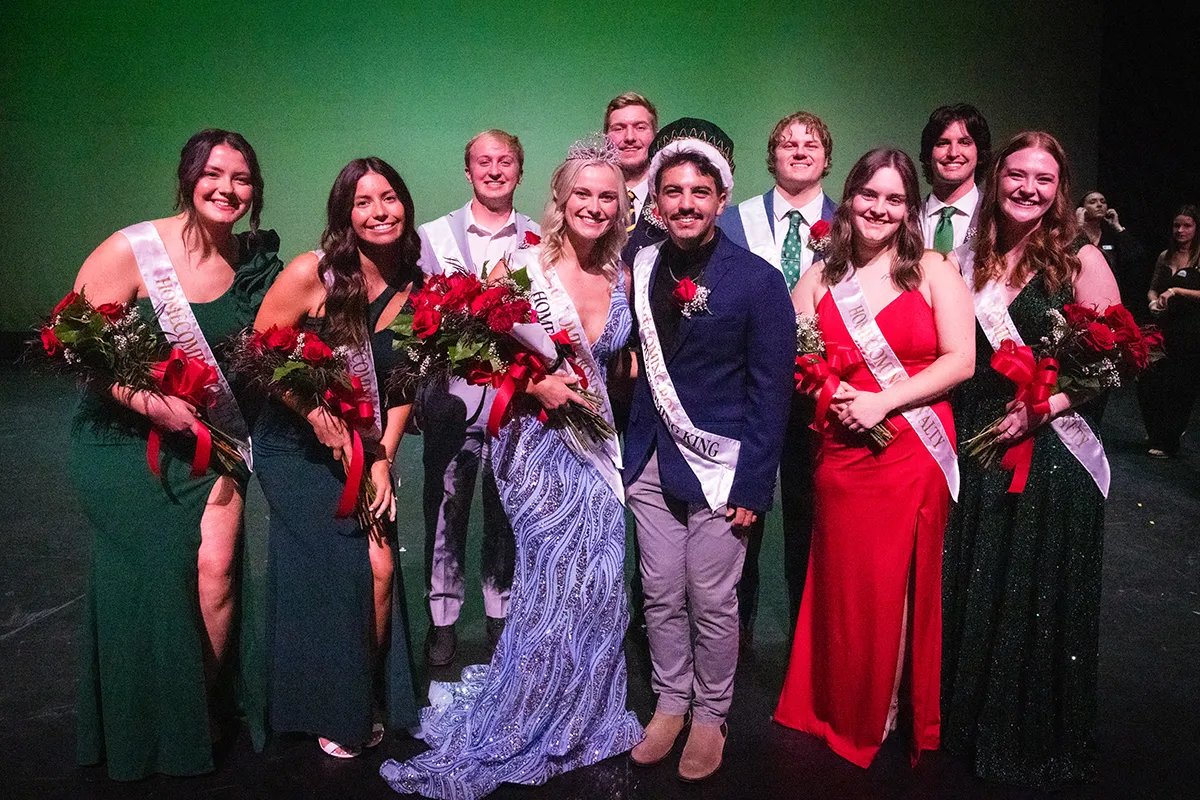 Ten Northwest students competed for Homecoming royalty this month. Left to right in the front row are Callie Spunaugle, McKenna Grimmer, Chloe DeVries, Sal Bonadonna, Erin Frink and Abigail Dewert. In the back row are Spencer Cupp, Ben Bueneman, Parker Ticknor and Connor Gorman. (Photo by Lilly Cook/Northwest Missouri State University)
