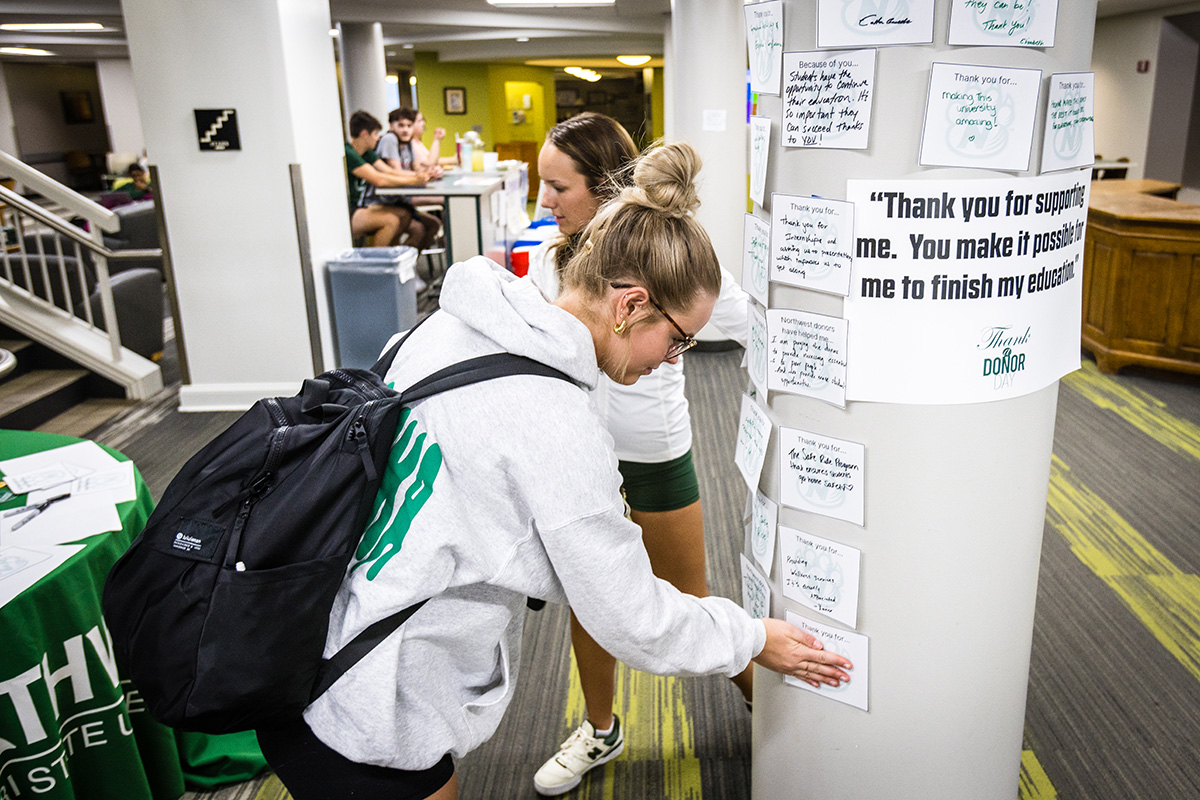 Northwest students decorated the J.W. Jones Student Union last spring with notes of gratitude last to alumni and friends who contribute to the University in support of scholarships, campus facilities and other initiatives during “Thank a Donor Day.” (Photo by Lauren Adams/Northwest Missouri State University)
