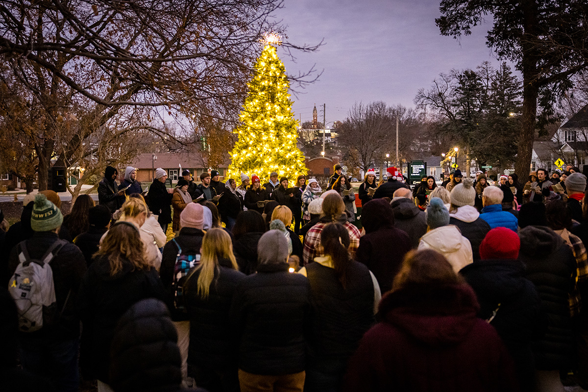The Northwest community gathered Thursday night for the annual President’s Tree Lighting outside the Thomas Gaunt House.  (Photo by Lilly Cook/Northwest Missouri State University)