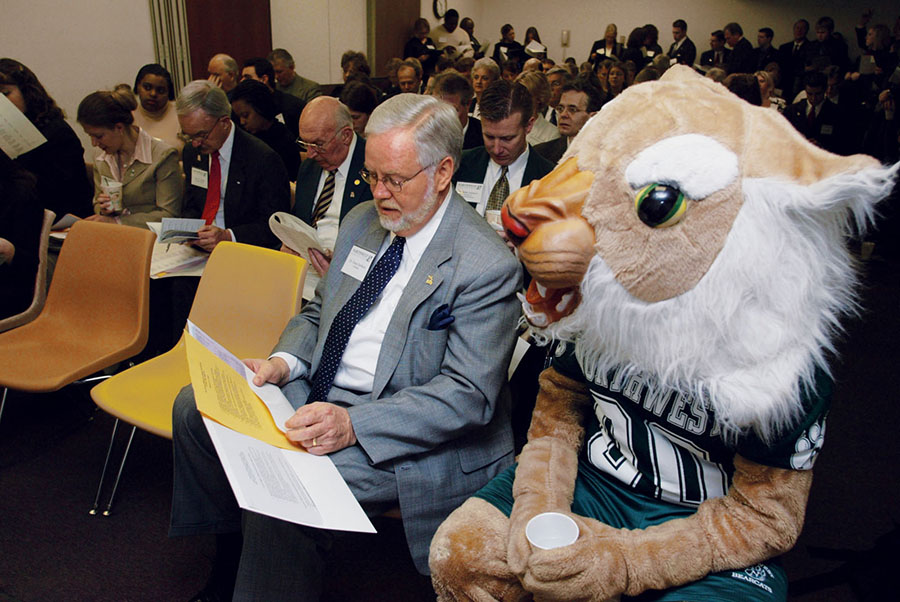 Northwest mascot Bobby Bearcat accompanied President Hubbard on a legislative trip during the 2000s. (Northwest Missouri State University photo)