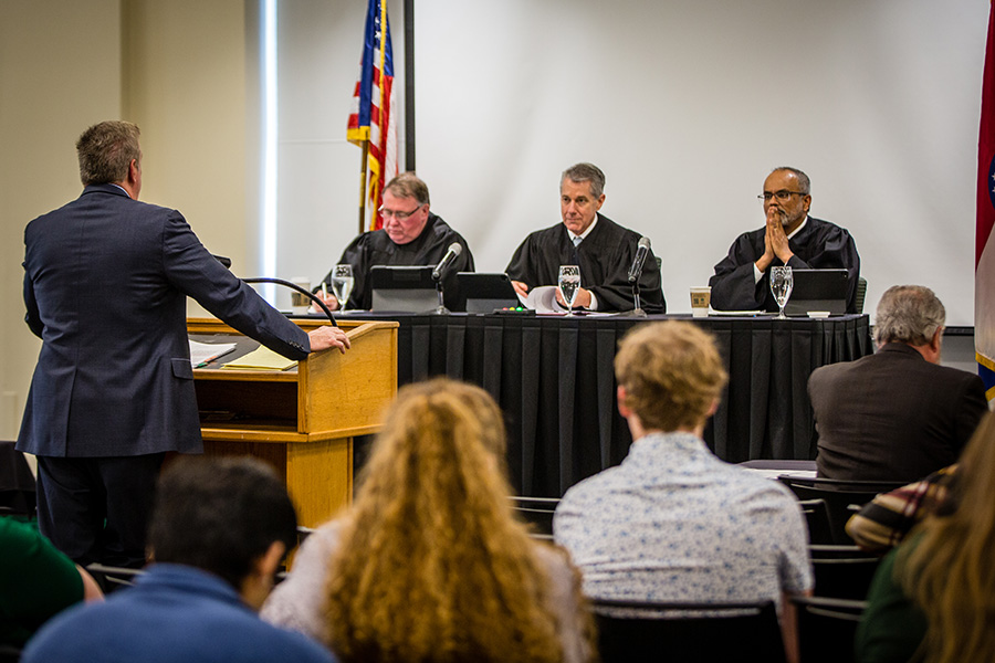 A panel of judges listens to an argument when the Missouri Court of Appeals, Western District, heard a series of cases on the Northwest campus last year. The court will convene on the campus again this year. (Photo by Chloe Timmons/Northwest Missouri State University)