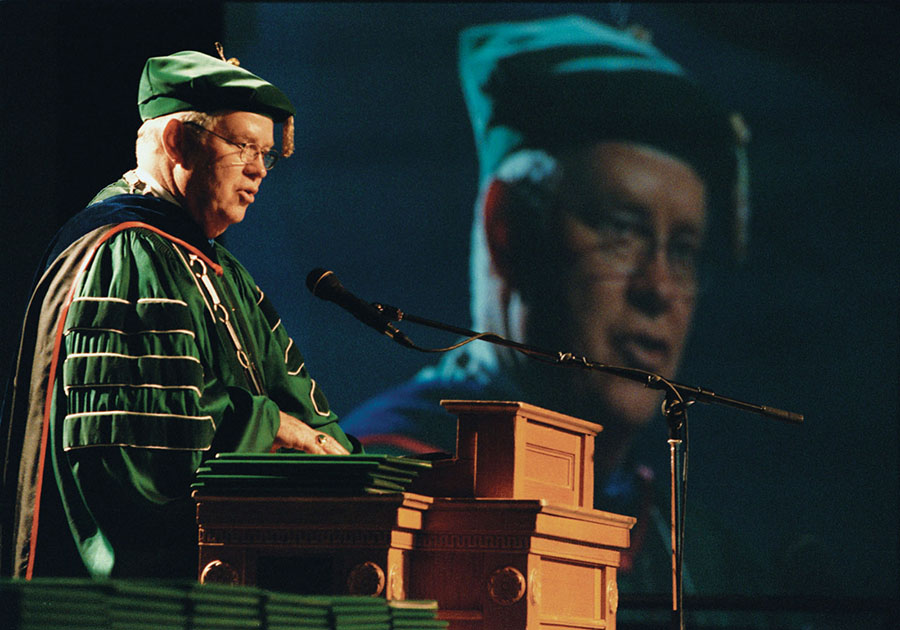 Dr. Dean L. Hubbard is pictured above while addressing Northwest graduates and their families during a commencement ceremony in 2000. (Northwest Missouri State University photo)