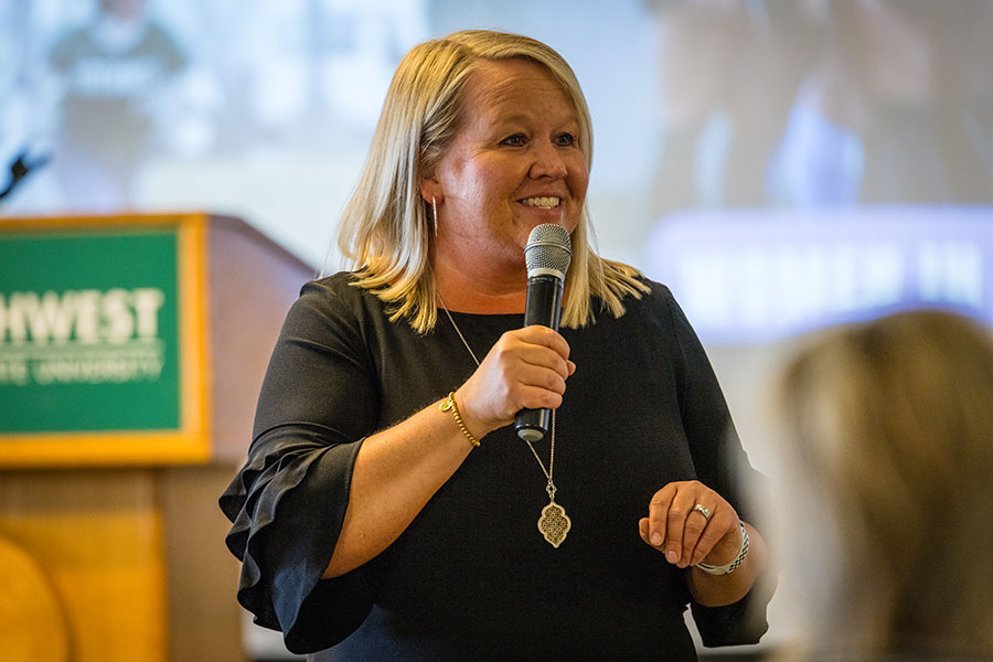  Jill Brown presented a keynote address during Tuesday's Women’s Leadership Summit at Northwest. (Photo by Lilly Cook/Northwest Missouri State University)
